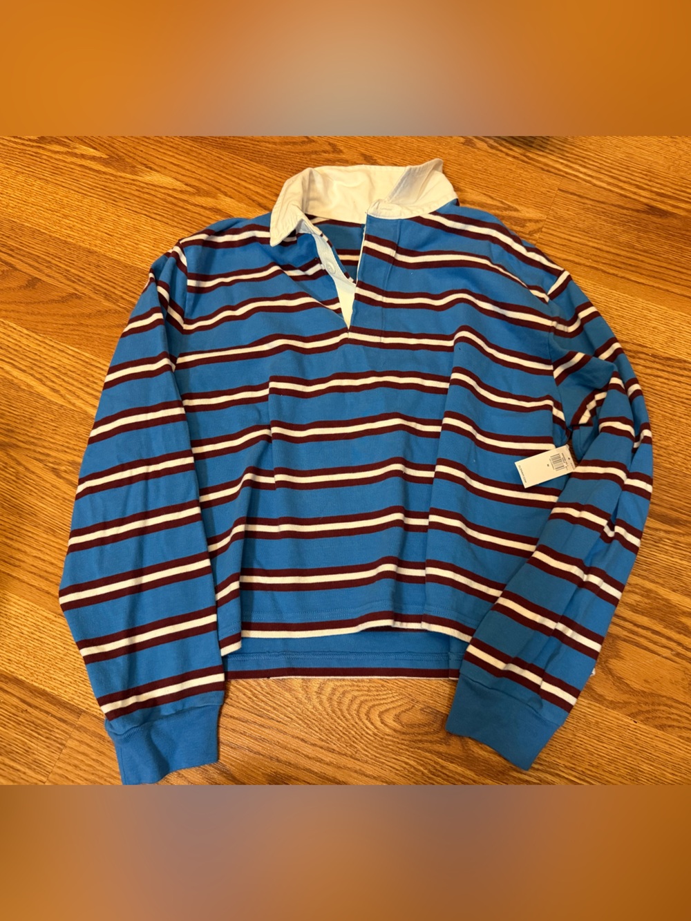 Boxy  Burgundy White Blue Striped Rugby Polo with White Collar, medium, old navy